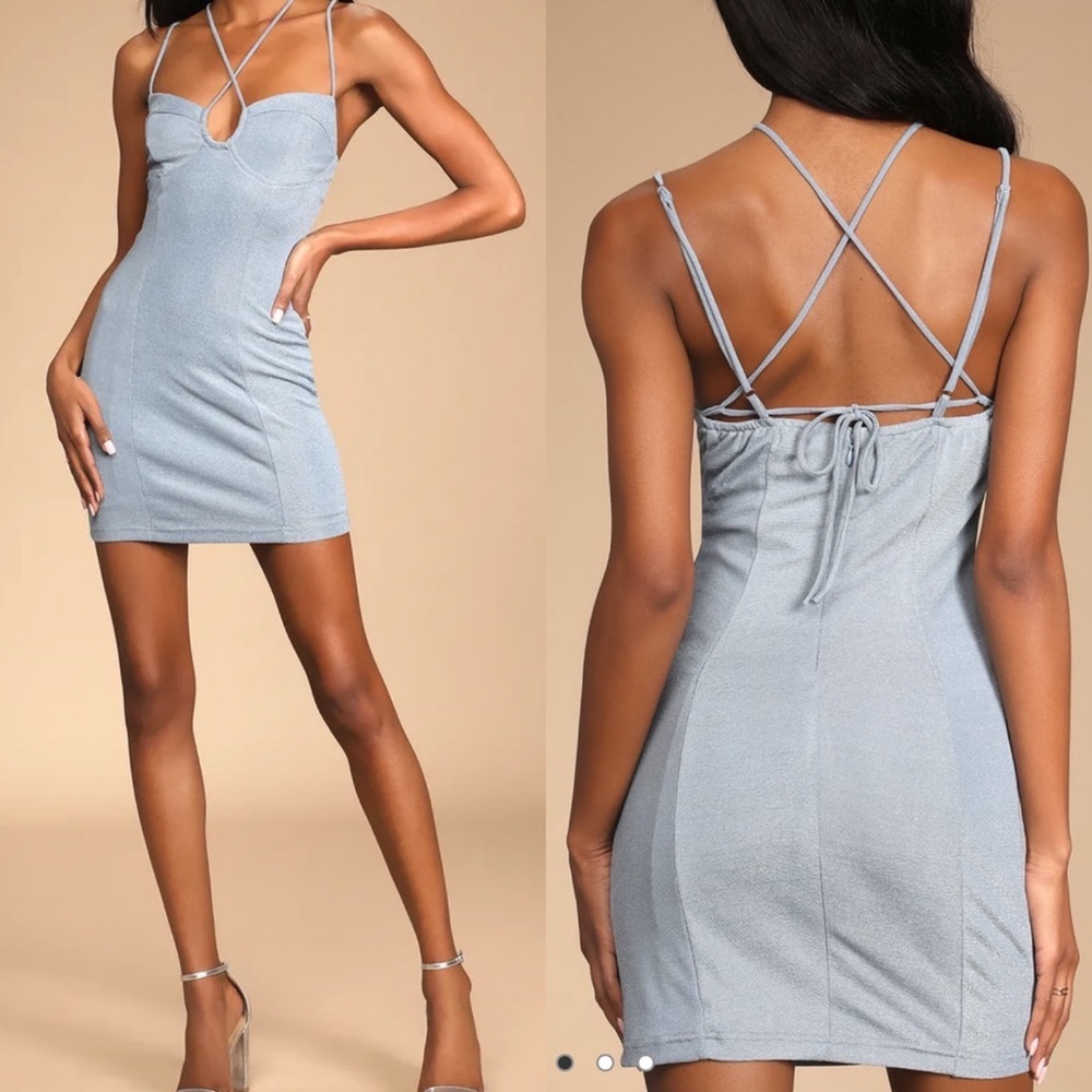 Lulus Fantastic Figure Shiny Light Blue Tie-Back Bodycon Mini Dress